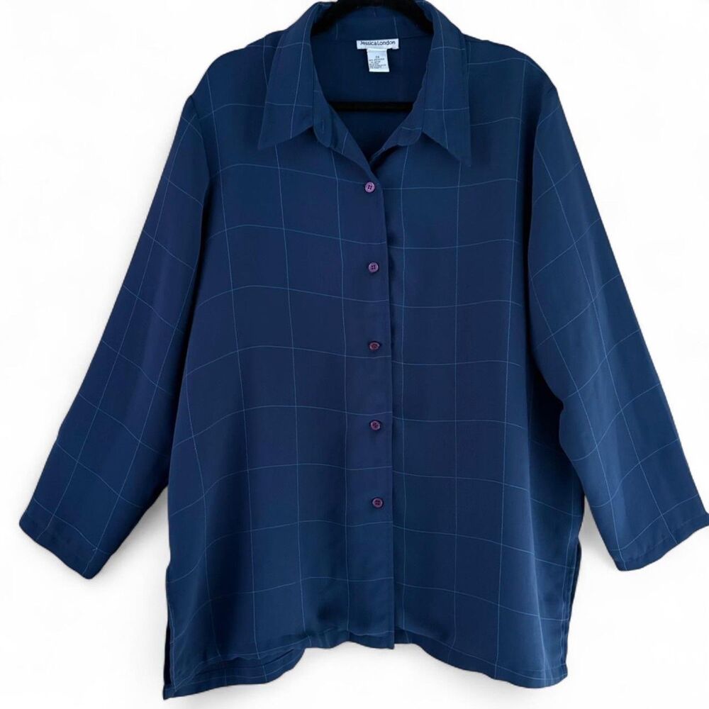 Jessica London Navy Subtle Windowpane Plaid Button Up Shirt 2X, Loose Fit